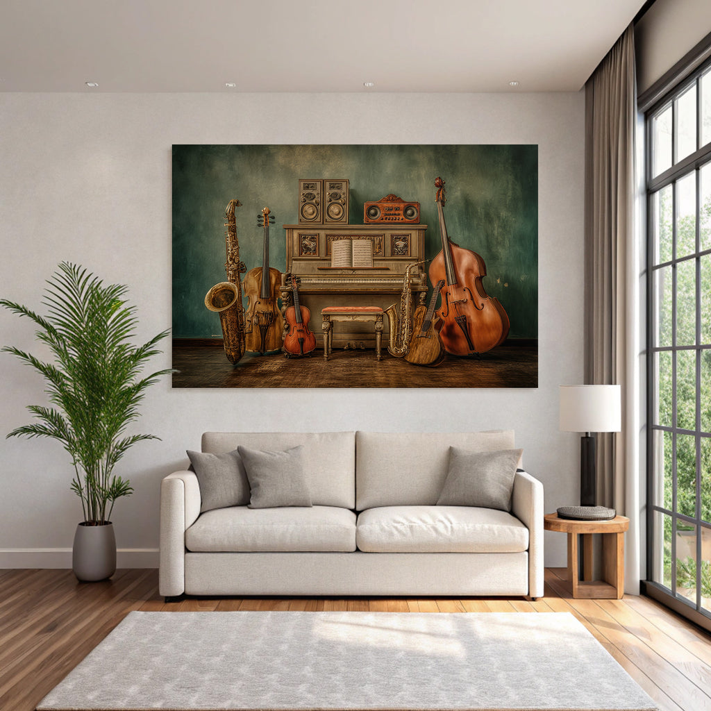 Vintage Piano Mit Musikinstrumenten Saxophon Geige Gitarre Double Bass Speaker System