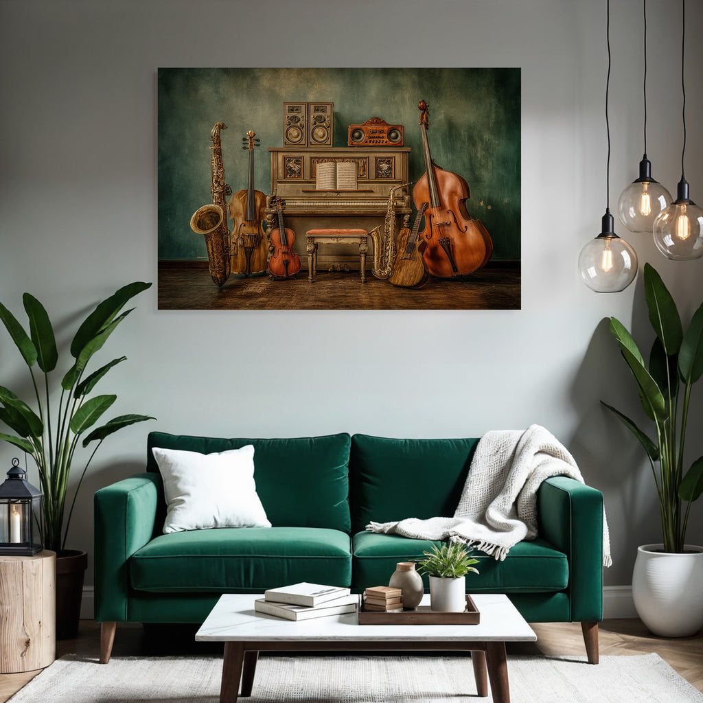 Vintage Piano Mit Musikinstrumenten Saxophon Geige Gitarre Double Bass Speaker System