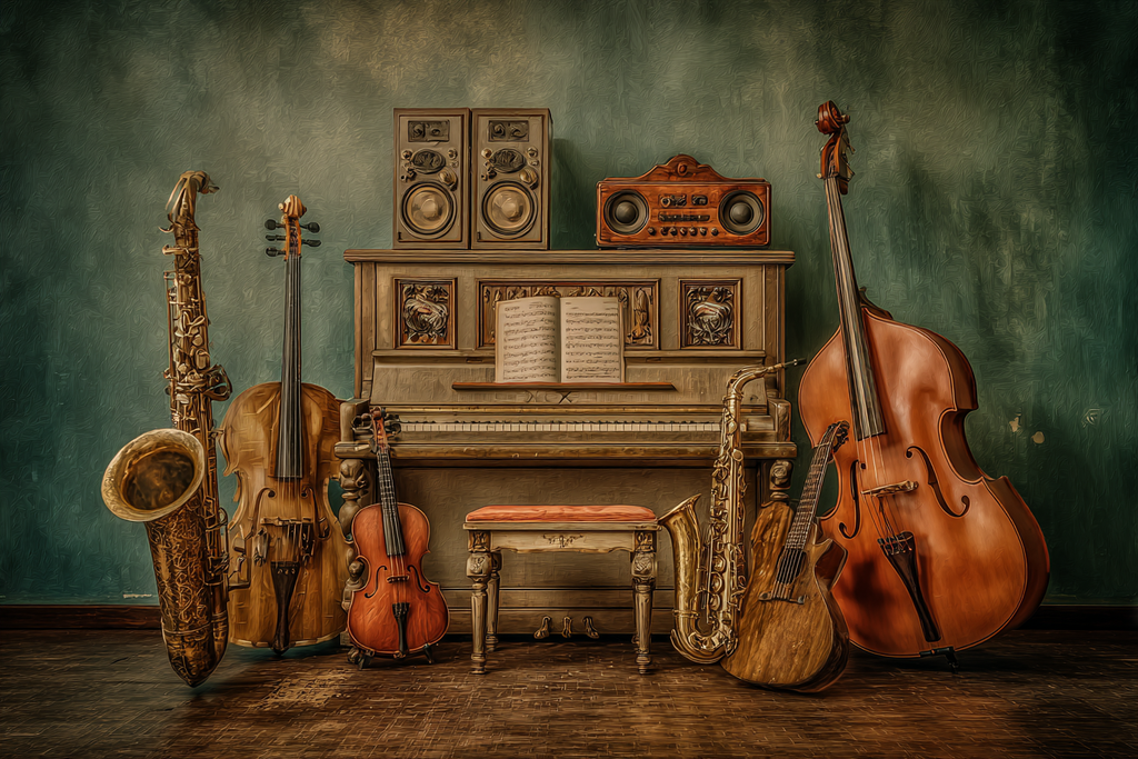 Vintage Piano Mit Musikinstrumenten Saxophon Geige Gitarre Double Bass Speaker System | Musik und Instrumente | Themen und Hobbys