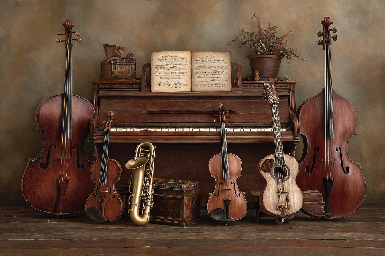 Vintage Piano Mit Streichinstrumenten Saxophon Und Gitarre | Musik und Instrumente | Themen und Hobbys