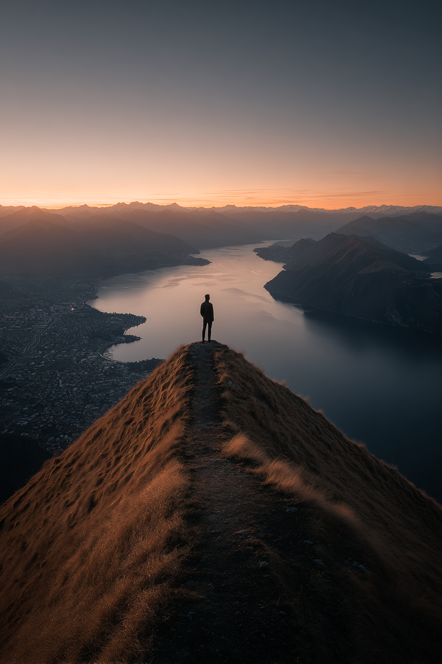 Dämmerungslandschaft Alleinstehende Person Am Rand Des Wassers | Reisen und Outdoor | Themen und Hobbys