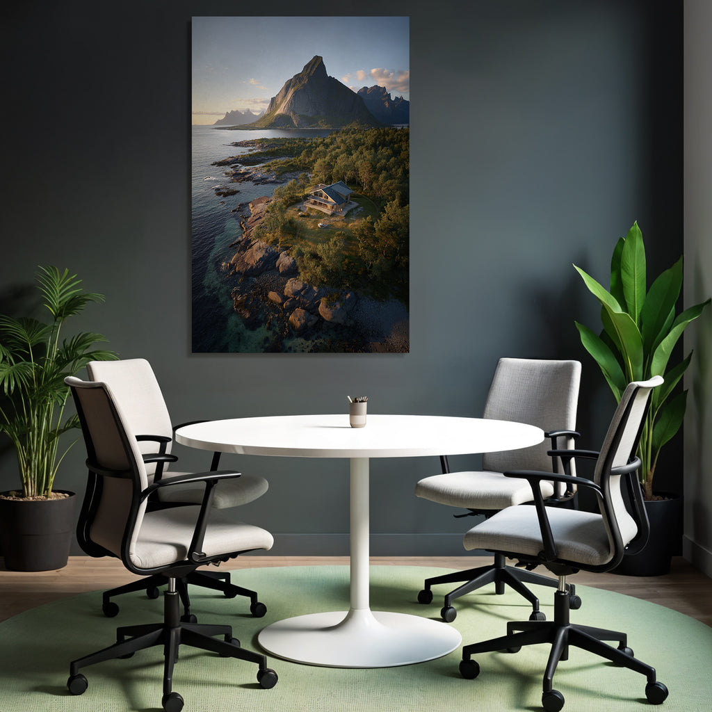 Friedliche Küstenlandschaft Modernes Haus Auf Felsen Mit Bergen Hintergrund