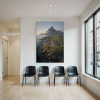 Friedliche Küstenlandschaft Modernes Haus Auf Felsen Mit Bergen Hintergrund