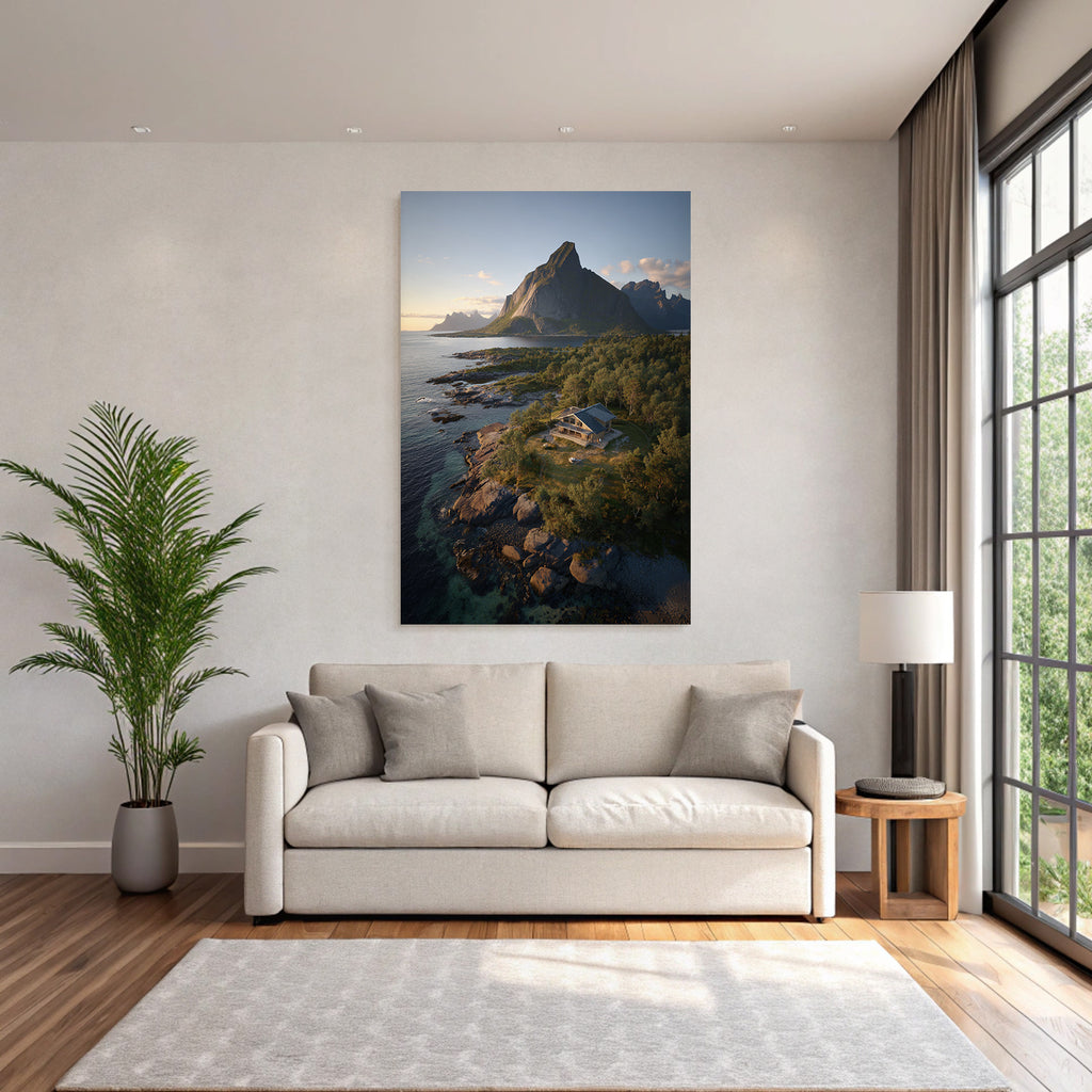 Friedliche Küstenlandschaft Modernes Haus Auf Felsen Mit Bergen Hintergrund