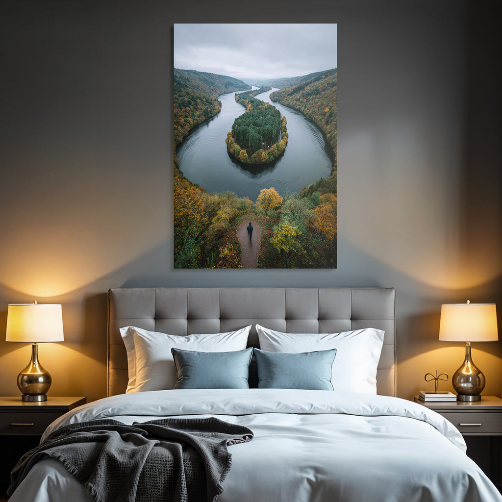 Herbstlandschaft Mit Fluss Und Wald Spaziergänger Ausblick