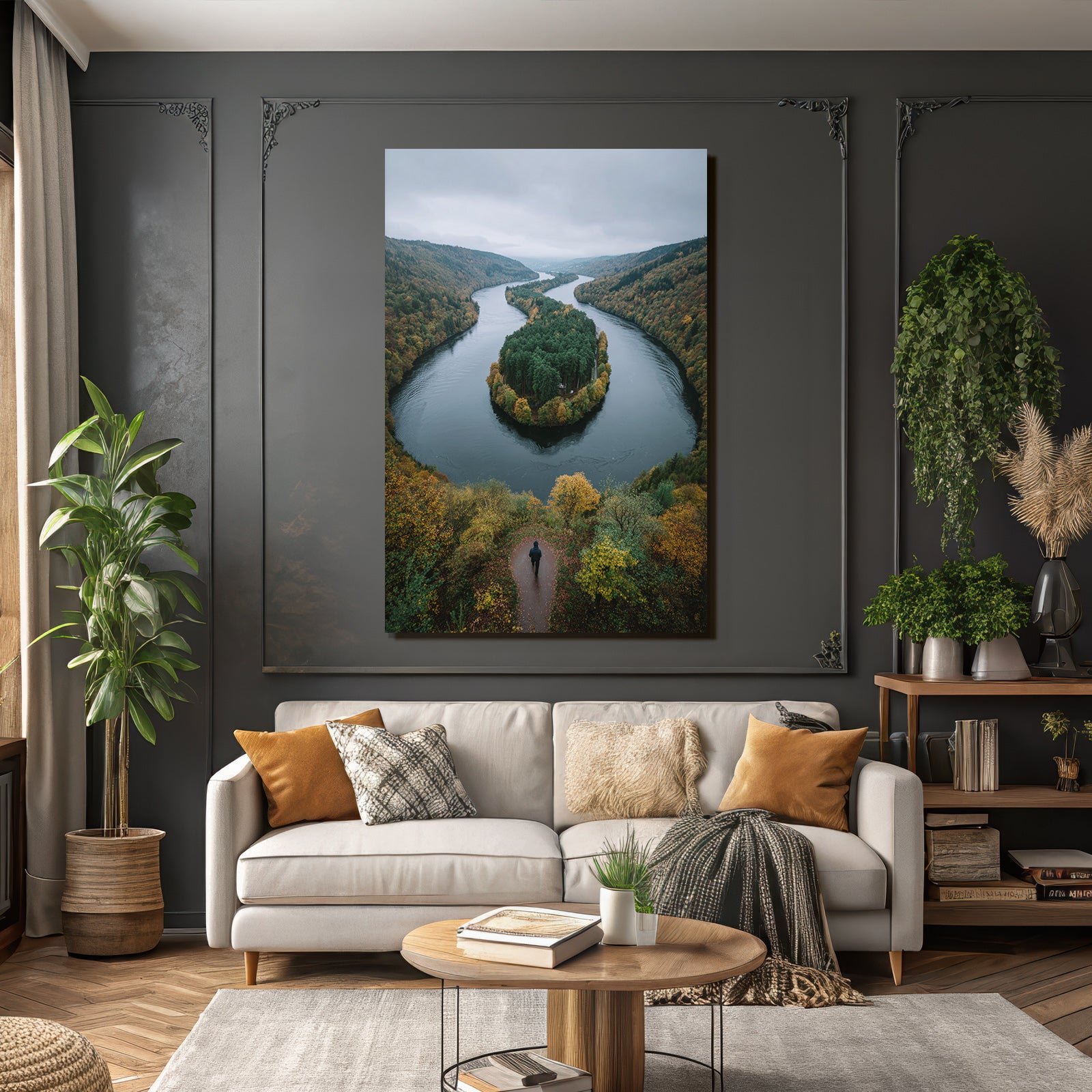 Herbstlandschaft Mit Fluss Und Wald Spaziergänger Ausblick