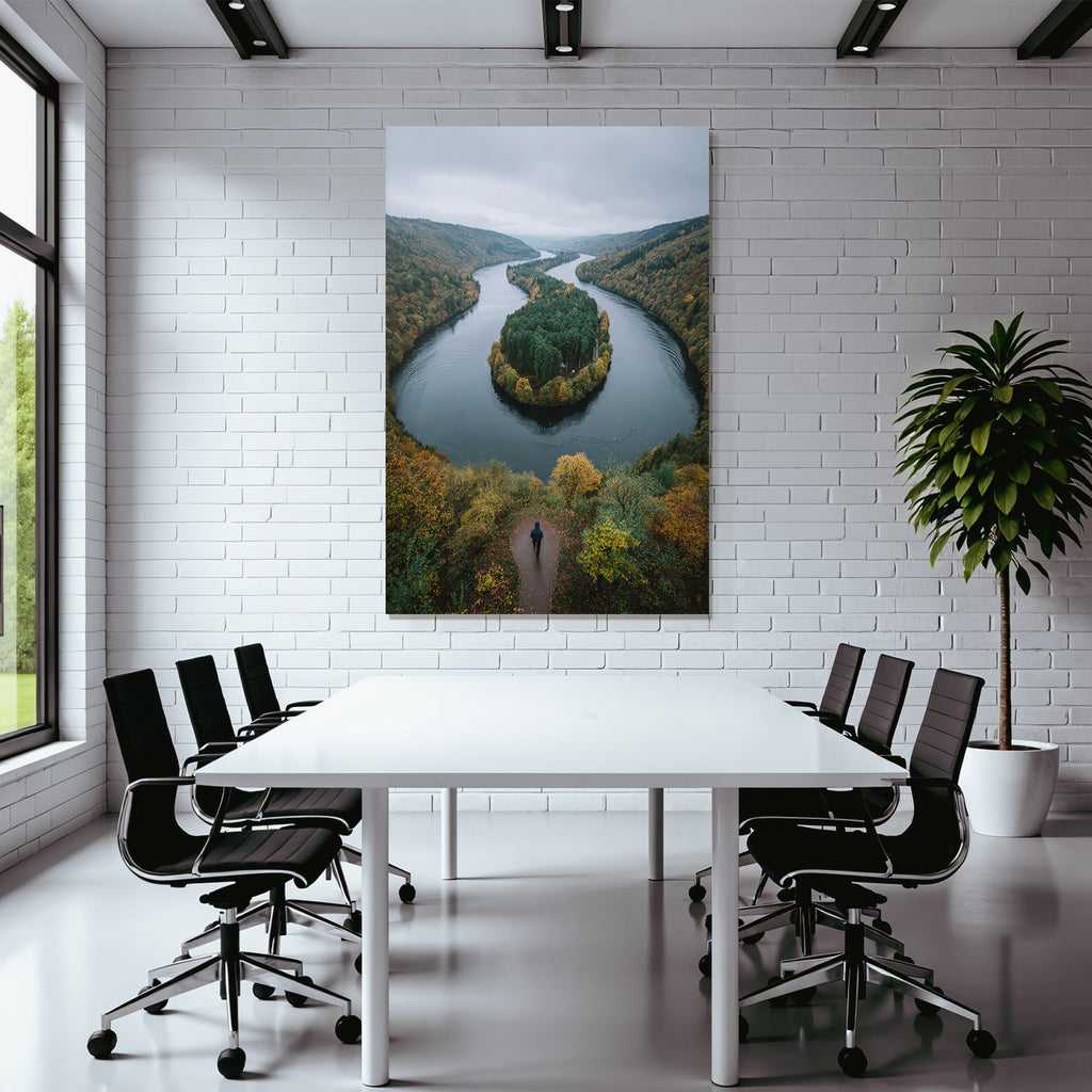 Herbstlandschaft Mit Fluss Und Wald Spaziergänger Ausblick