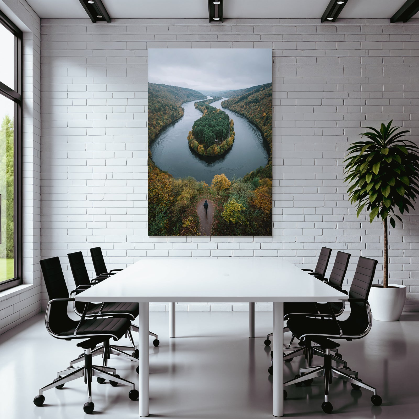 Herbstlandschaft Mit Fluss Und Wald Spaziergänger Ausblick