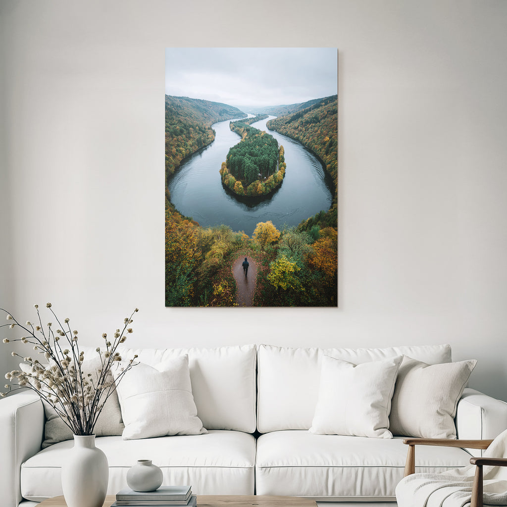 Herbstlandschaft Mit Fluss Und Wald Spaziergänger Ausblick