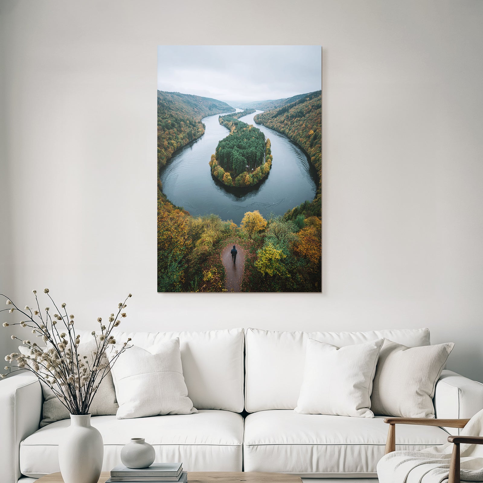 Herbstlandschaft Mit Fluss Und Wald Spaziergänger Ausblick