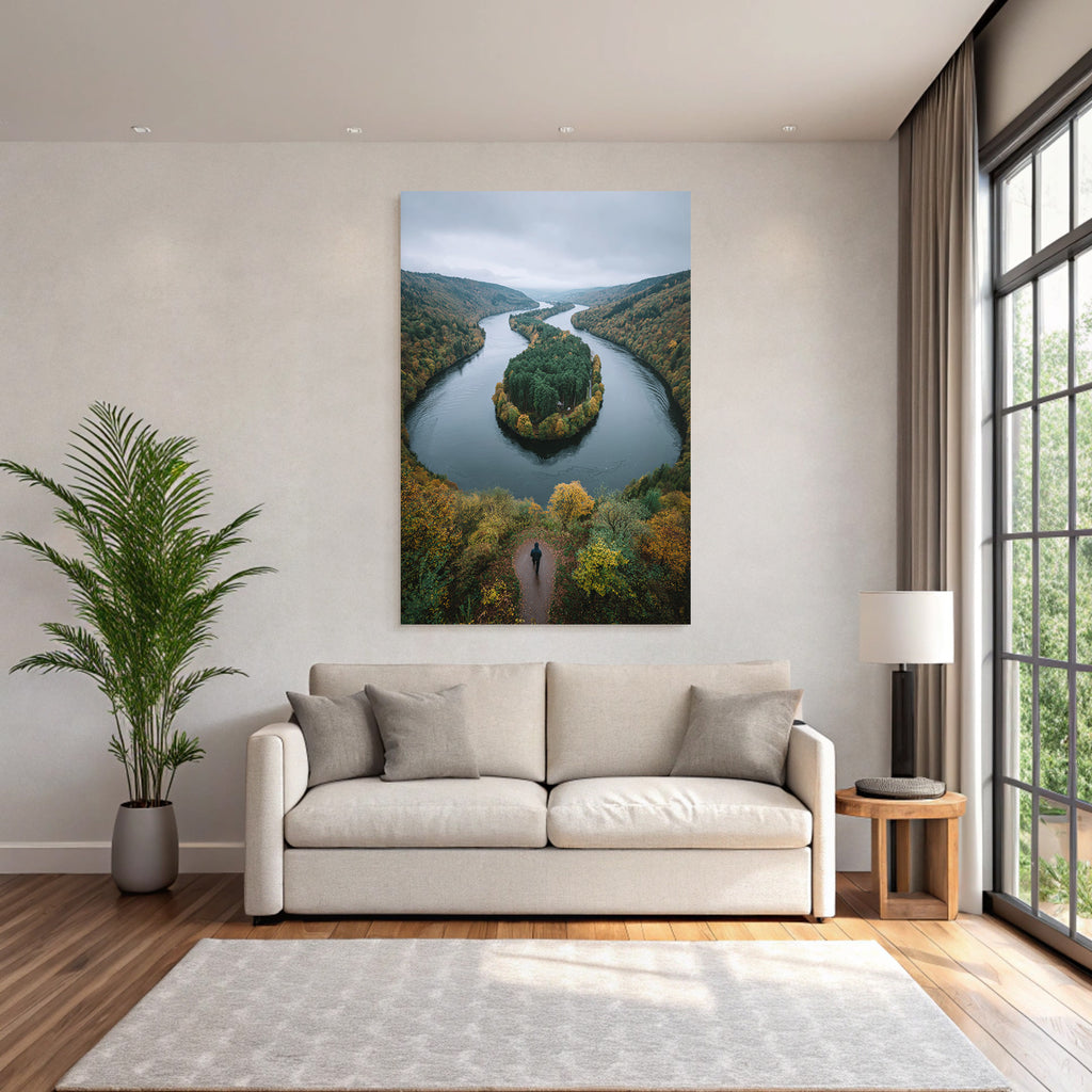 Herbstlandschaft Mit Fluss Und Wald Spaziergänger Ausblick