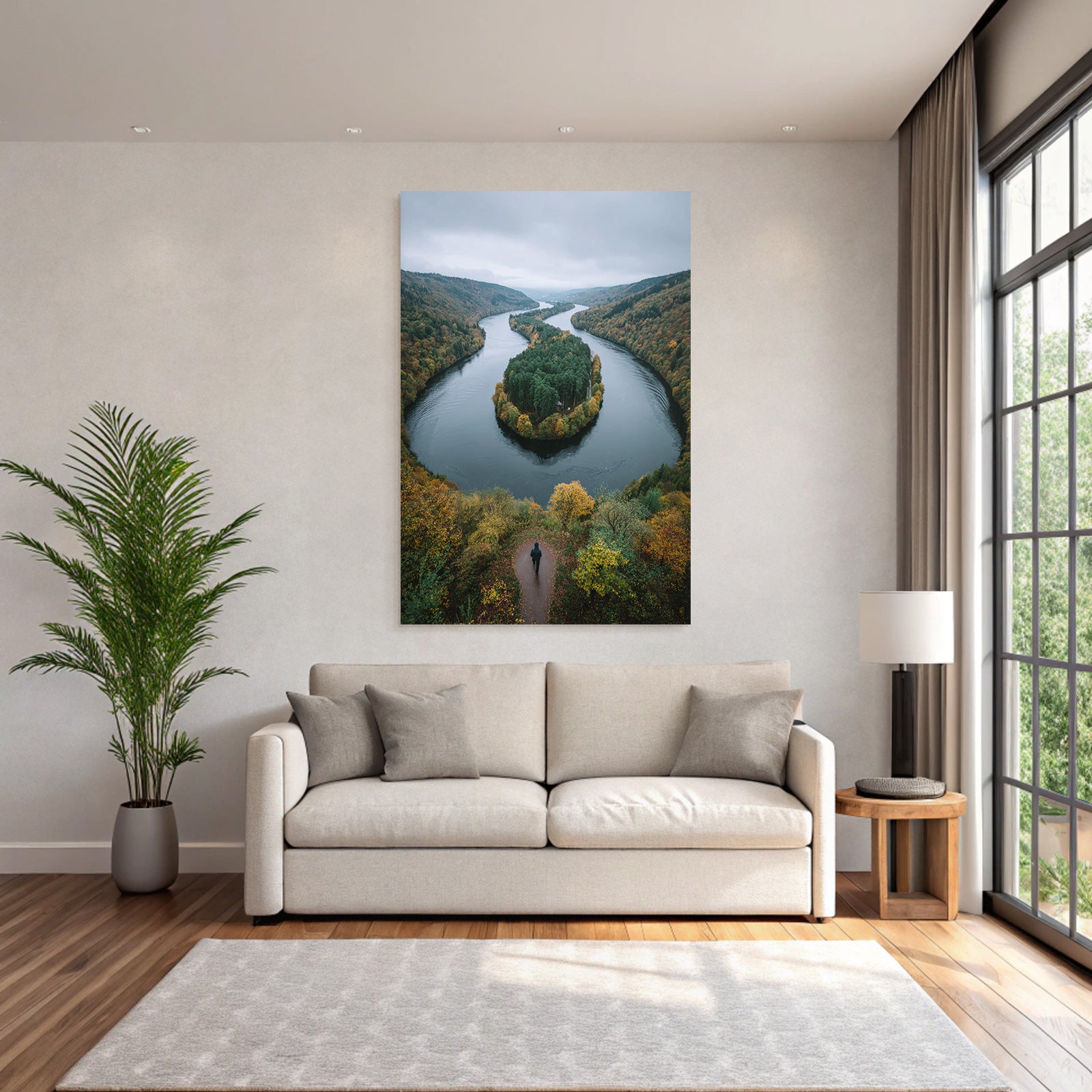 Herbstlandschaft Mit Fluss Und Wald Spaziergänger Ausblick