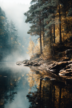 Herbstlandschaft Mit Nebel Und Ruhigem Wasser | Reisen und Outdoor | Themen und Hobbys