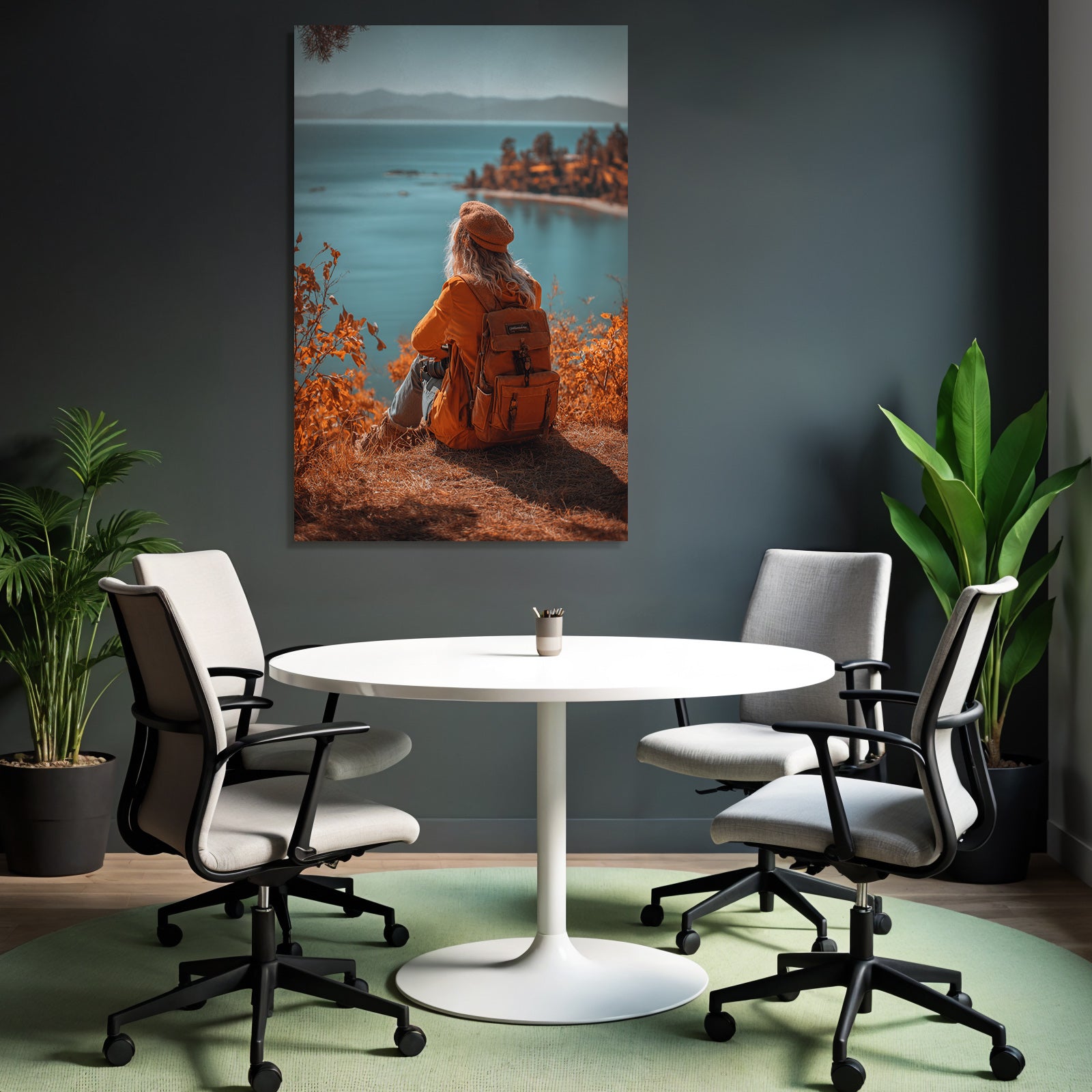 Herbstliche Landschaft Mit Person Und Kamera Am Wasser