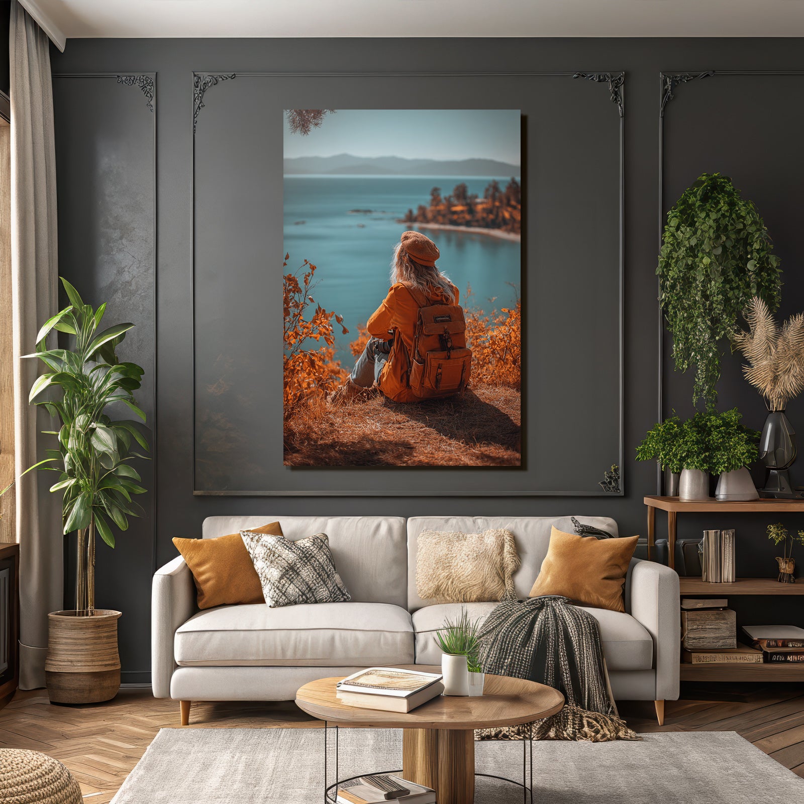 Herbstliche Landschaft Mit Person Und Kamera Am Wasser
