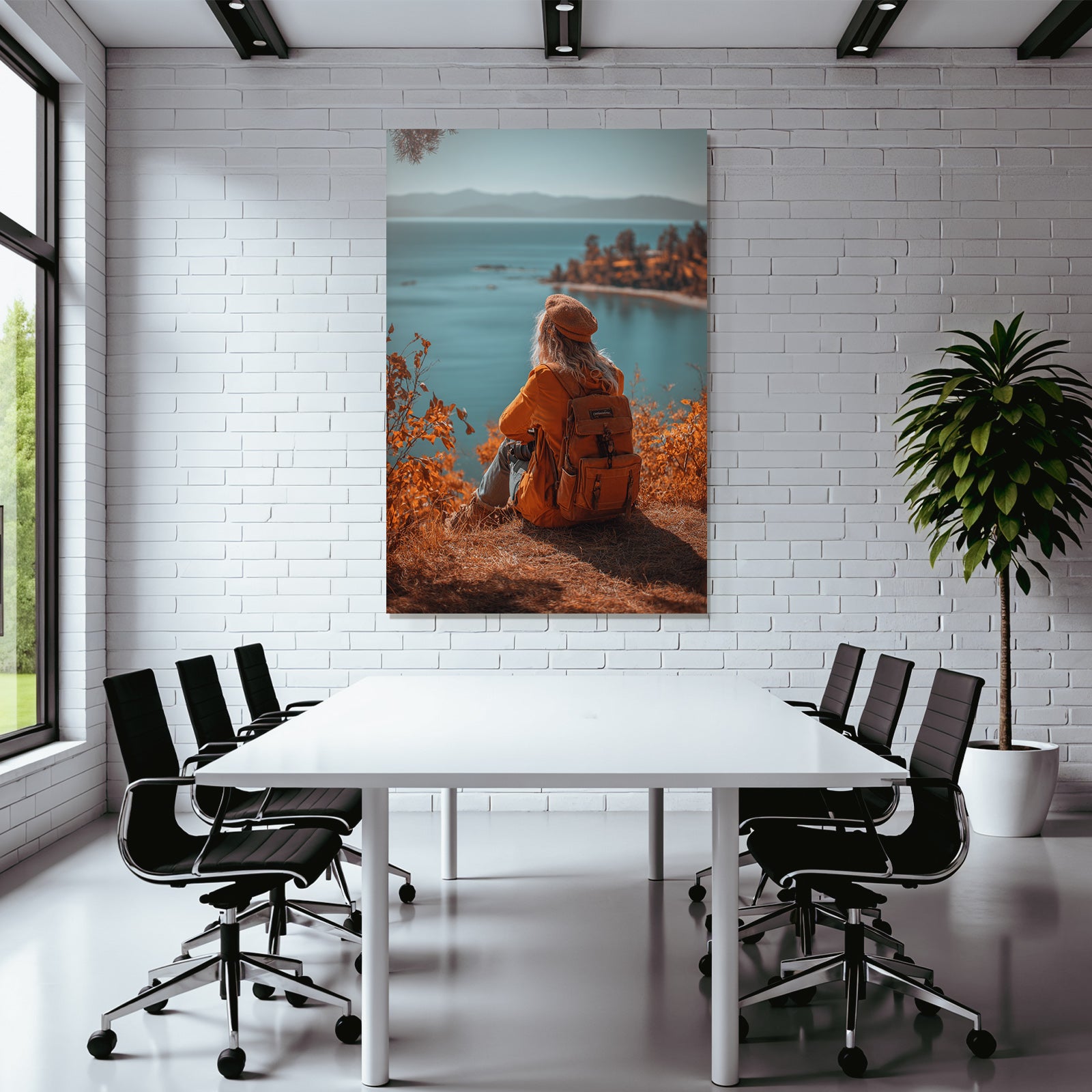 Herbstliche Landschaft Mit Person Und Kamera Am Wasser