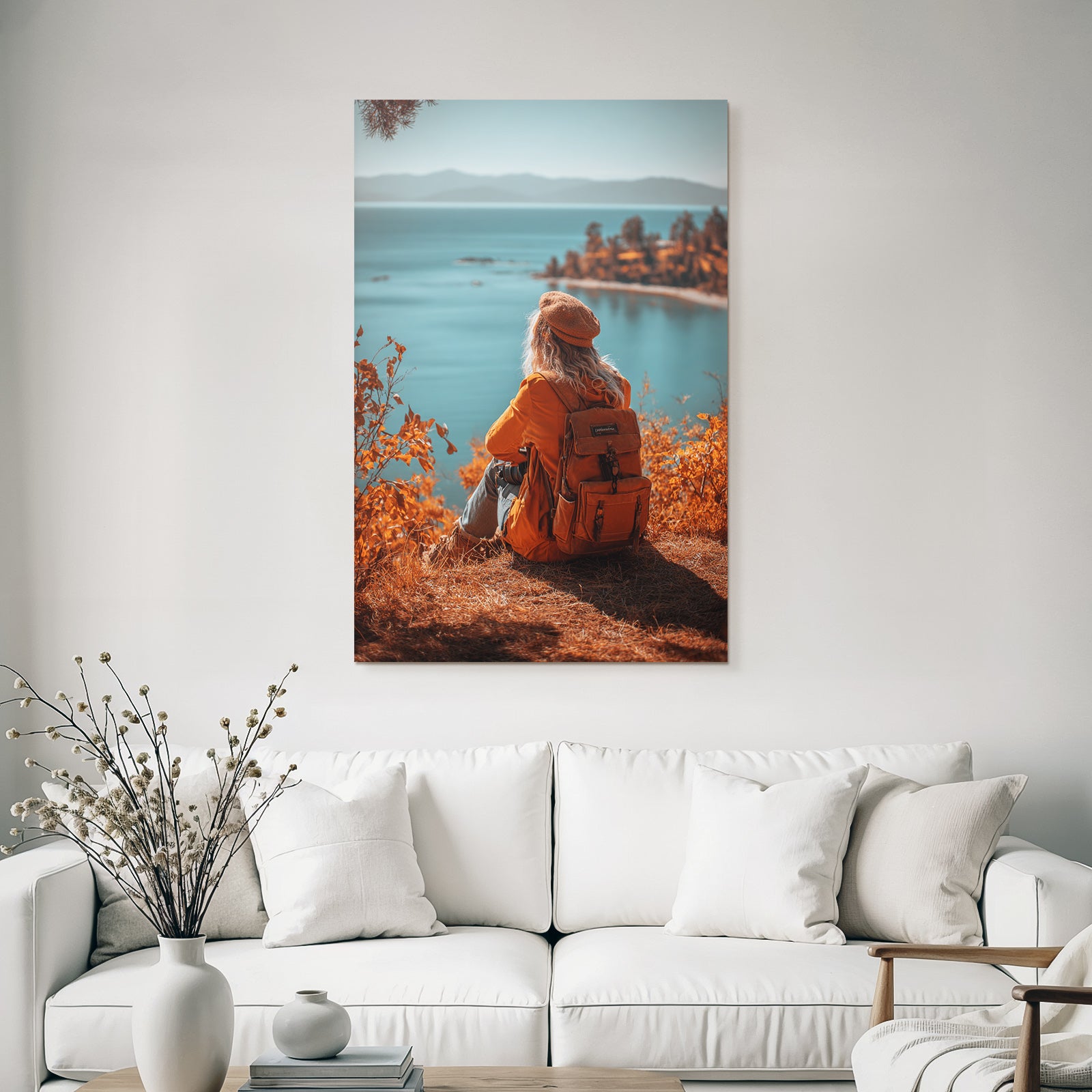 Herbstliche Landschaft Mit Person Und Kamera Am Wasser