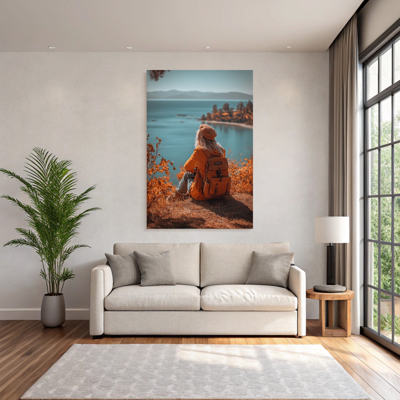 Herbstliche Landschaft Mit Person Und Kamera Am Wasser