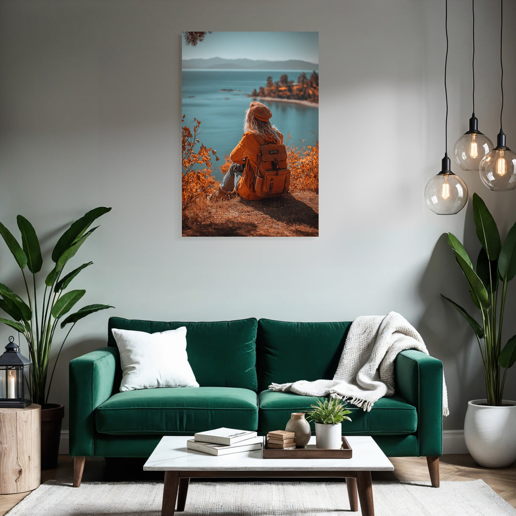 Herbstliche Landschaft Mit Person Und Kamera Am Wasser