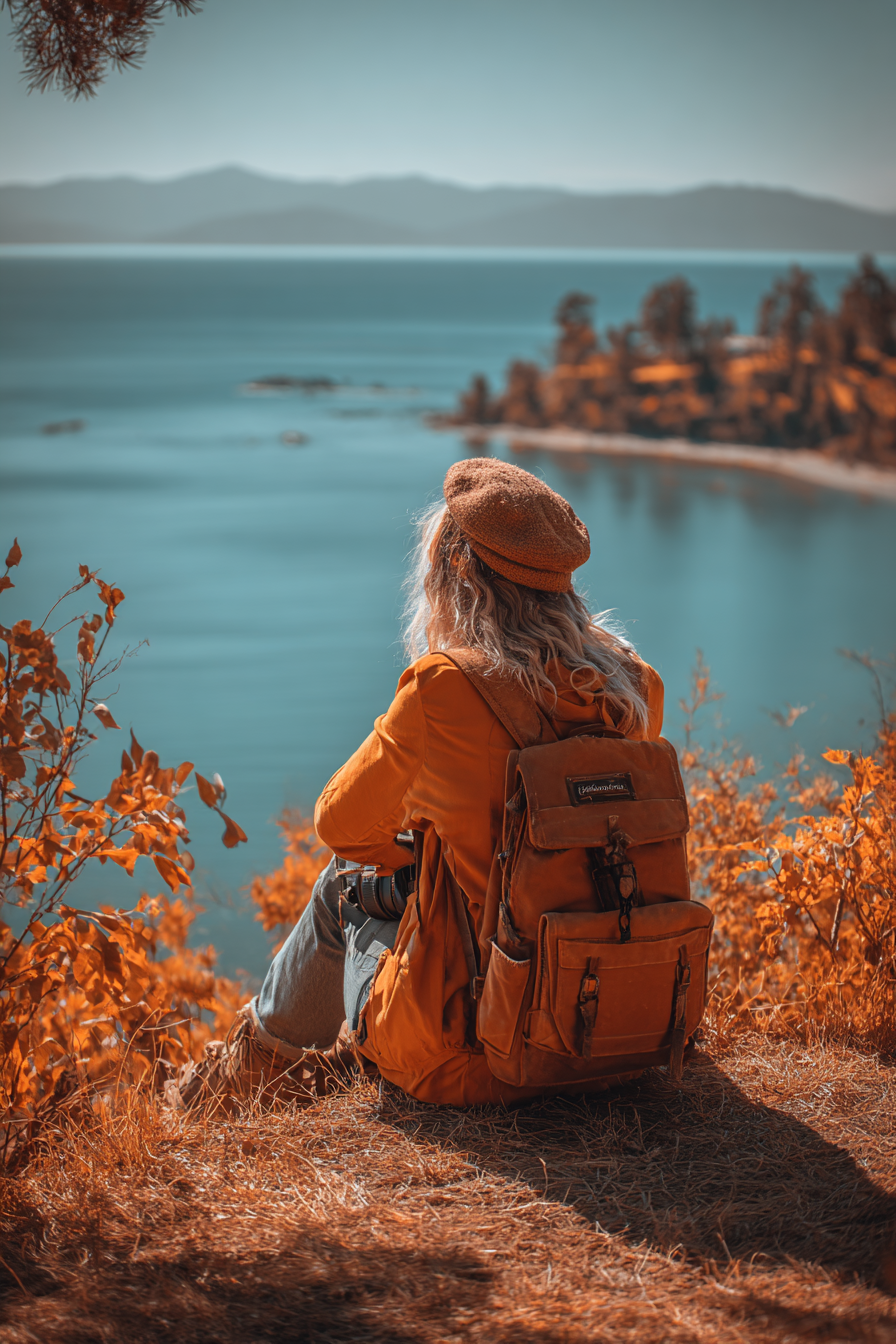 Herbstliche Landschaft Mit Person Und Kamera Am Wasser | Reisen und Outdoor | Themen und Hobbys