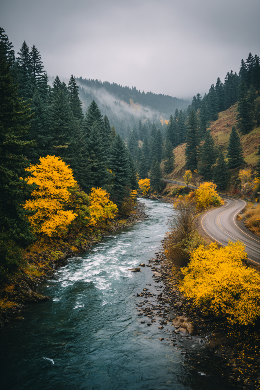 Malerische Landschaft Mit Fluss Baeumen Herbstliche Färbung Mit Nebel Bergen | Reisen und Outdoor | Themen und Hobbys
