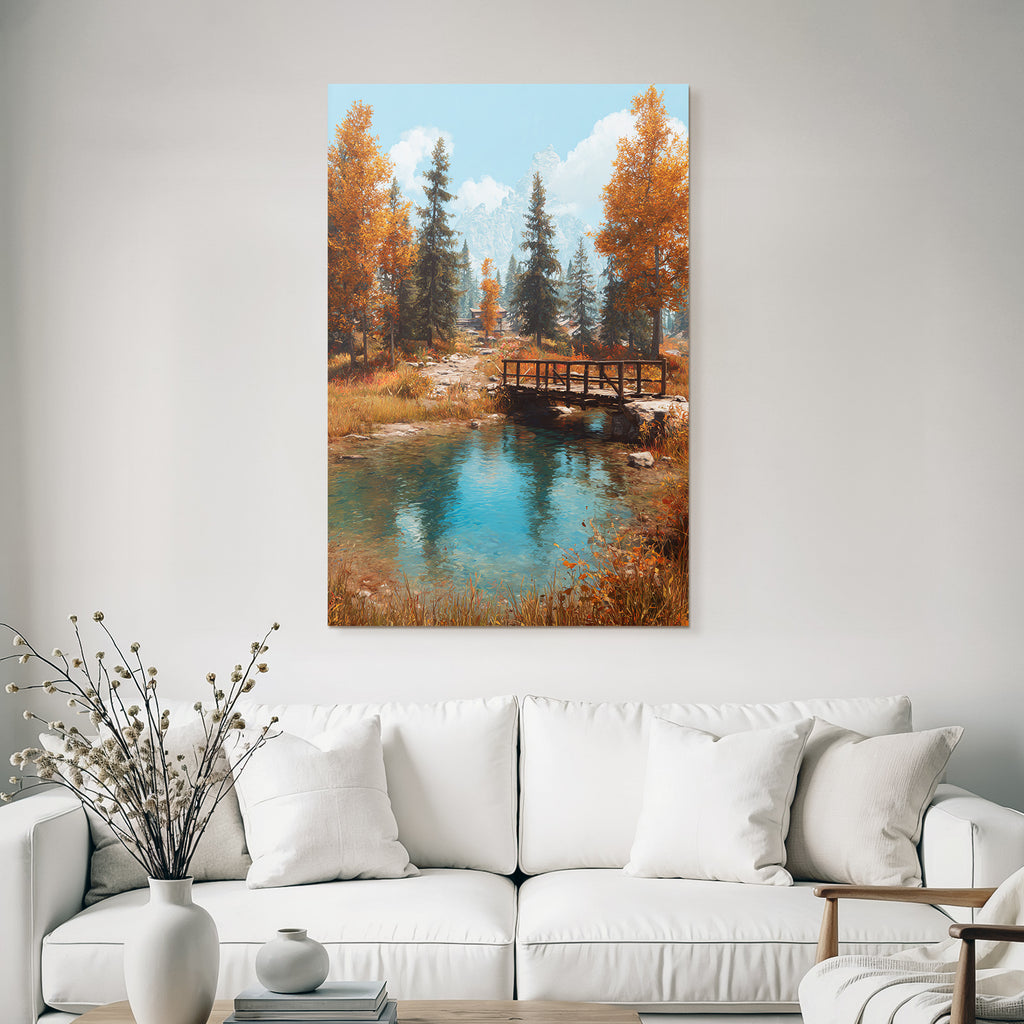 Ruhige Landschaft Holzbrücke Über Klarem See Im Herbst