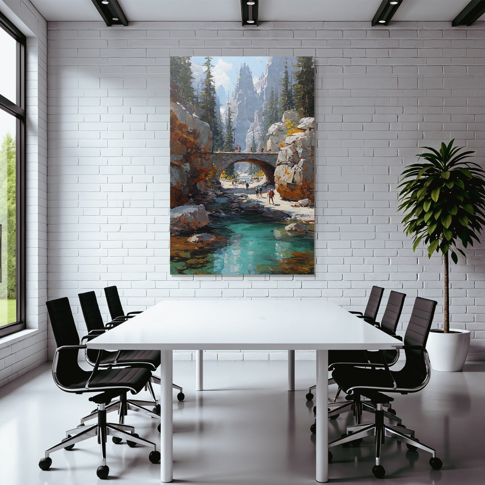 Szenische Landschaft Mit Bergen Fluss Und Brücke Mit Wäldern Und Wanderern