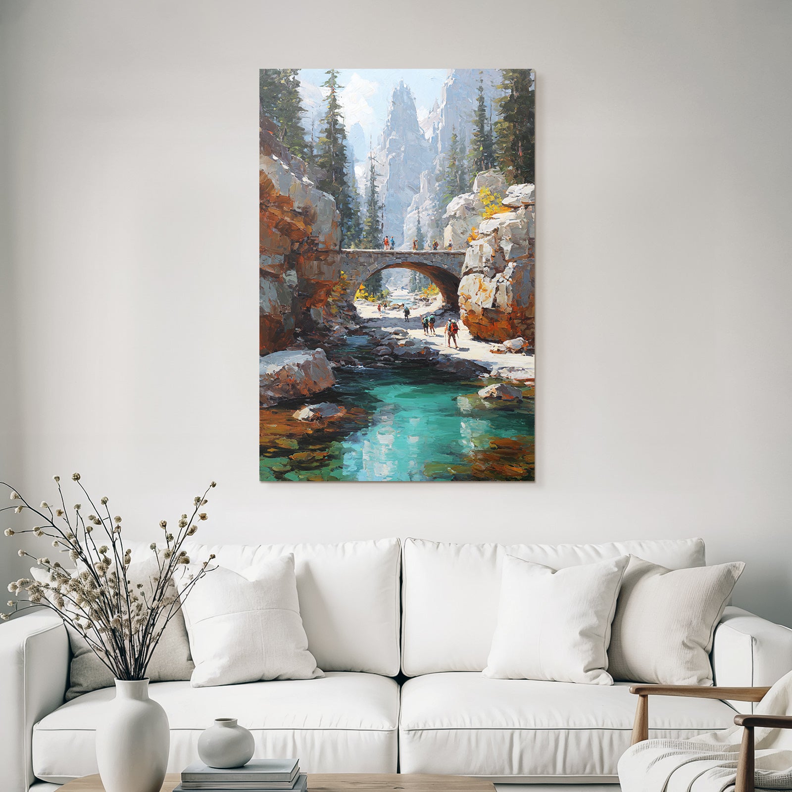 Szenische Landschaft Mit Bergen Fluss Und Brücke Mit Wäldern Und Wanderern