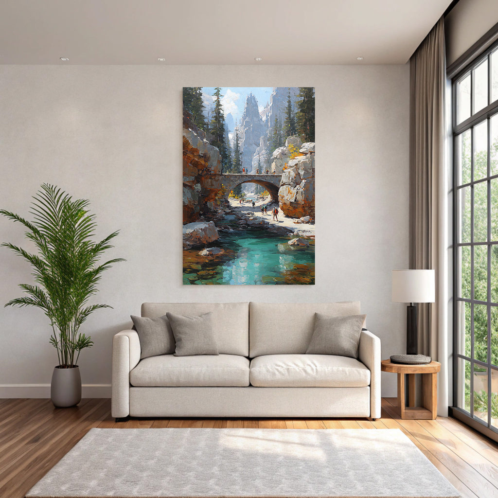 Szenische Landschaft Mit Bergen Fluss Und Brücke Mit Wäldern Und Wanderern