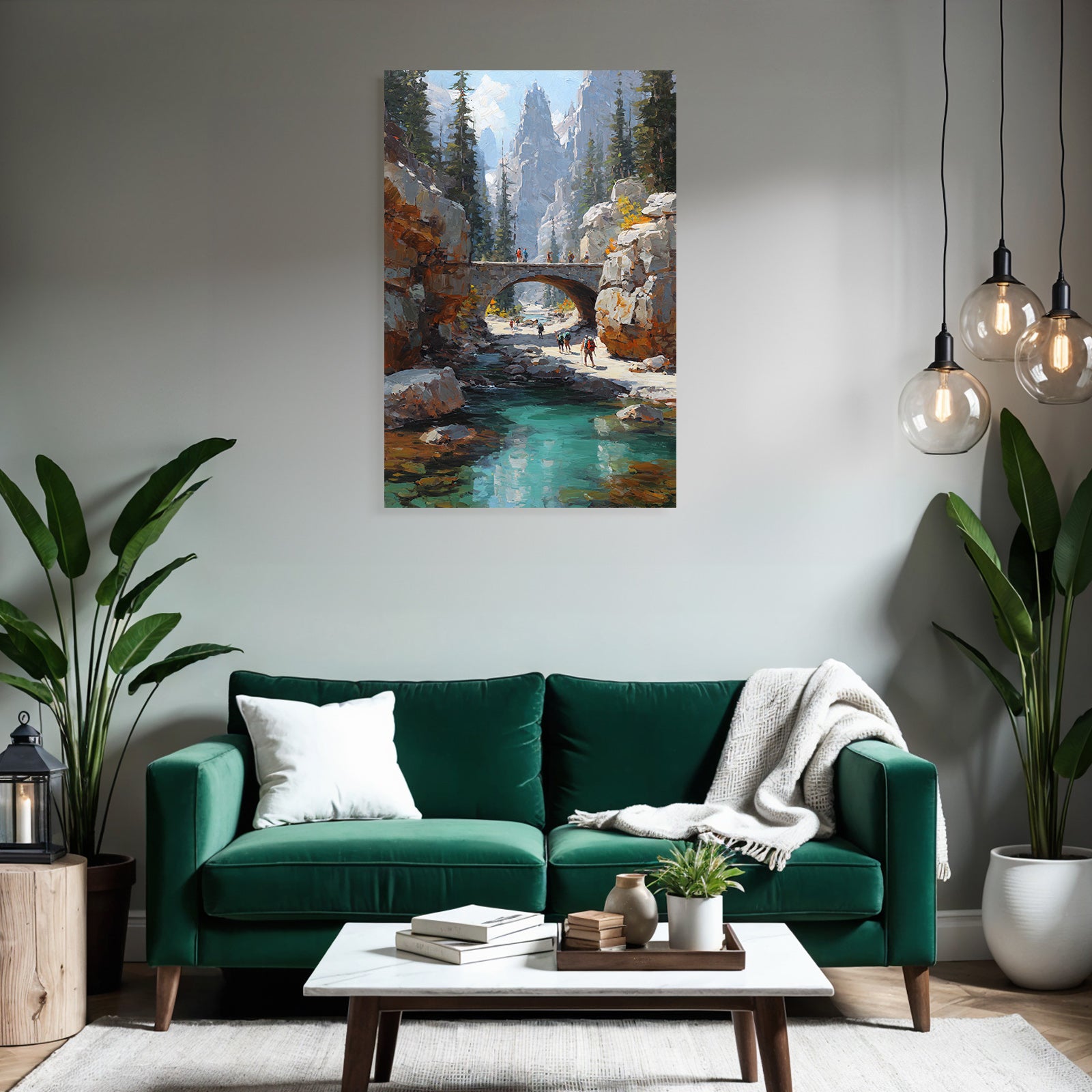 Szenische Landschaft Mit Bergen Fluss Und Brücke Mit Wäldern Und Wanderern