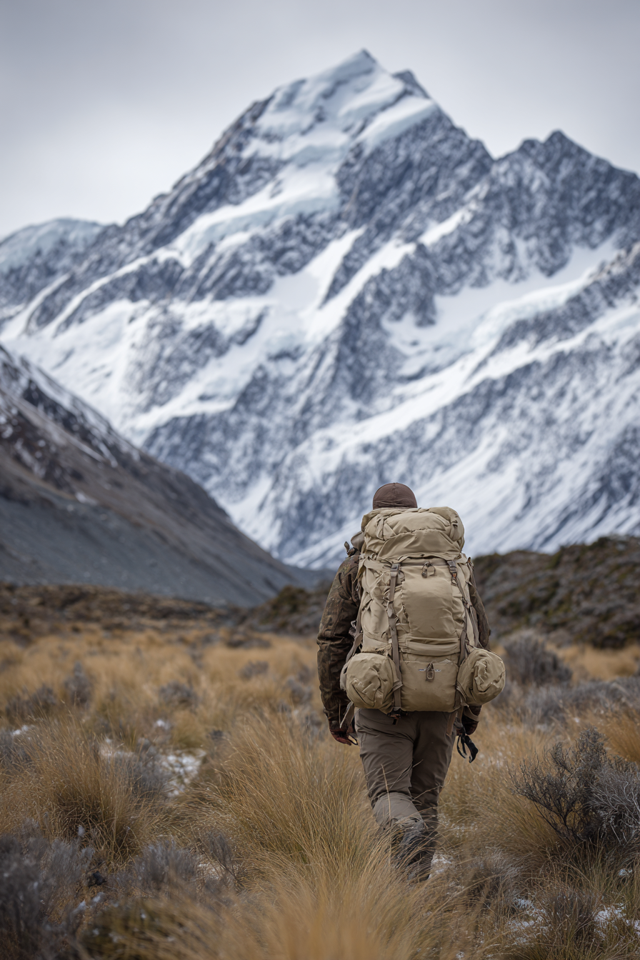 Wanderer In Den Bergen Mit Rucksack Und Schneebedeckten Bergen | Reisen und Outdoor | Themen und Hobbys