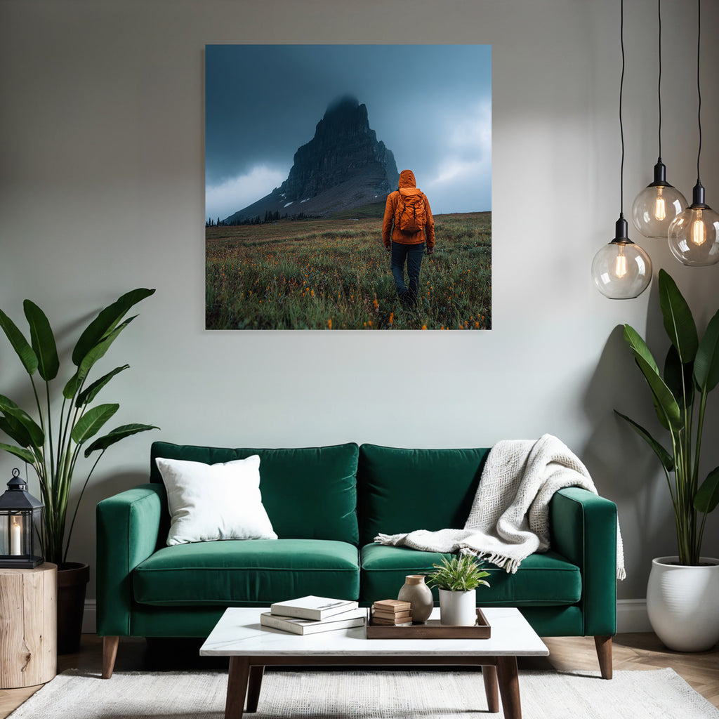 Abenteür Im Grünen Feld Mit Blumen Und Berg Im Hintergrund