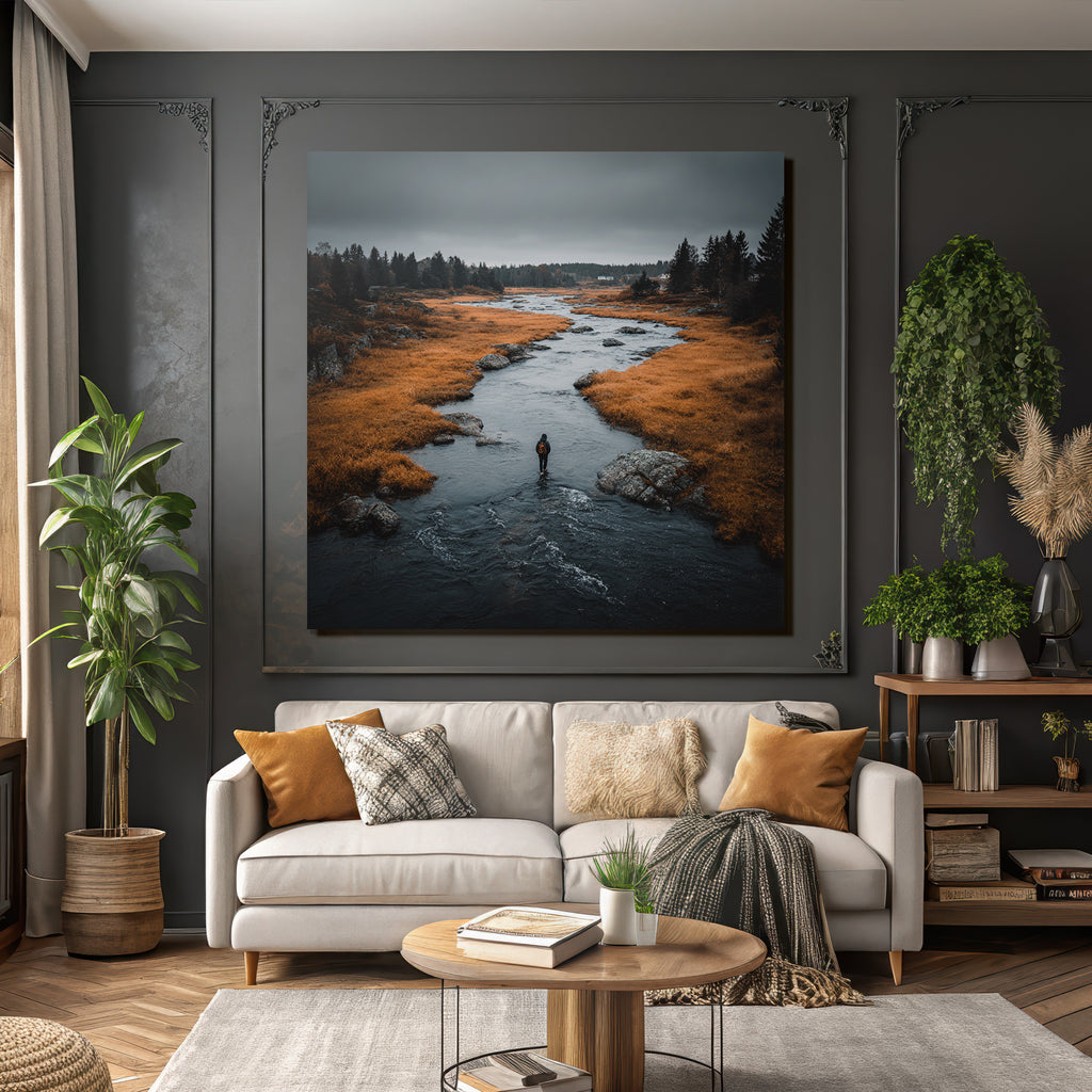 Herbstliche Erkundung Im Fluss Mit Oranger Vegetation