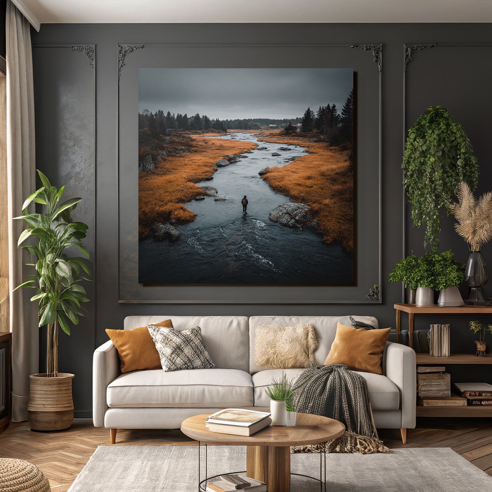 Herbstliche Erkundung Im Fluss Mit Oranger Vegetation