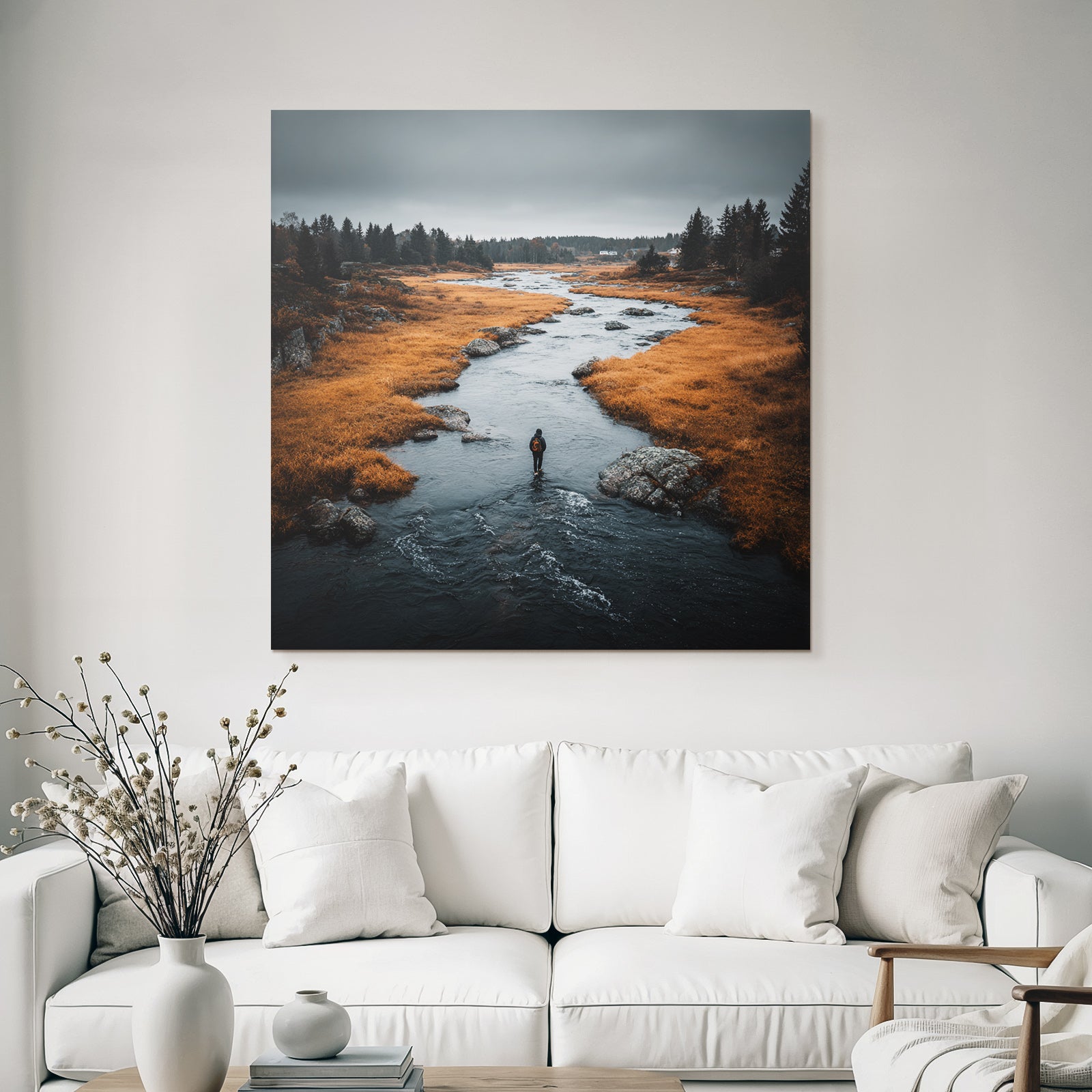 Herbstliche Erkundung Im Fluss Mit Oranger Vegetation