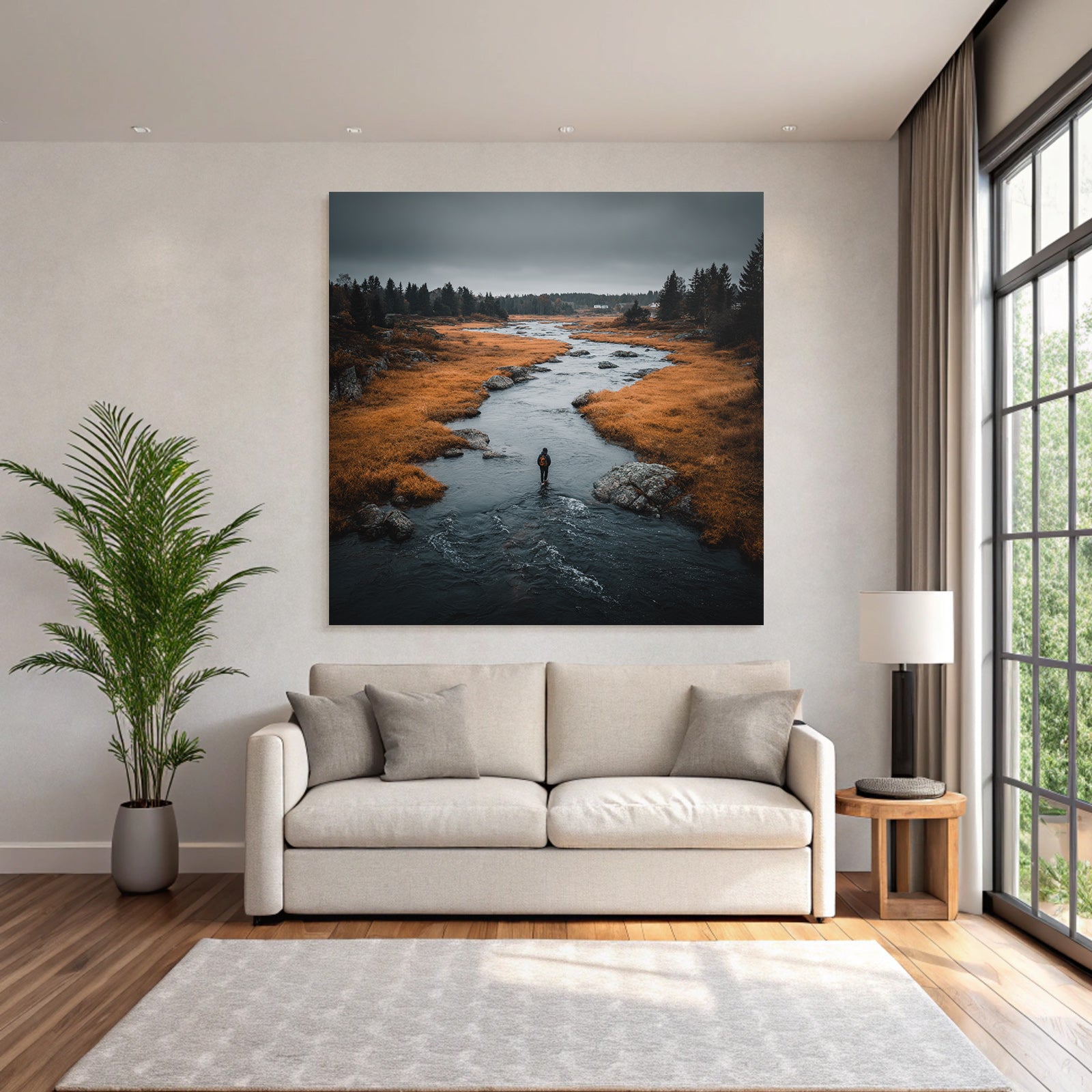 Herbstliche Erkundung Im Fluss Mit Oranger Vegetation