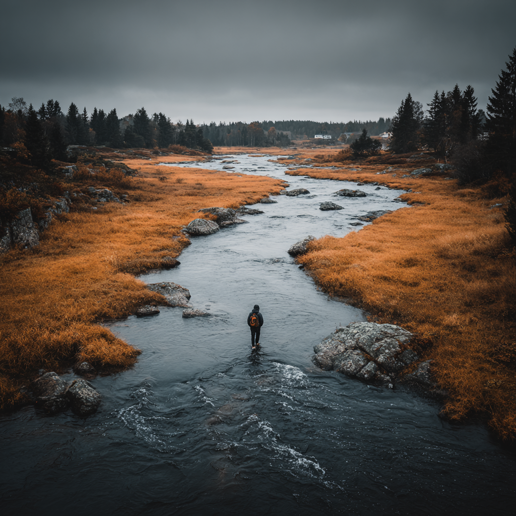 Herbstliche Erkundung Im Fluss Mit Oranger Vegetation | Reisen und Outdoor | Themen und Hobbys