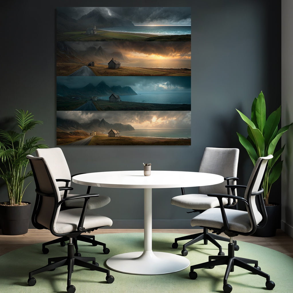 Kustlandschaft Mit Bergen Und Holzgebauden Gefassung Des Himmels