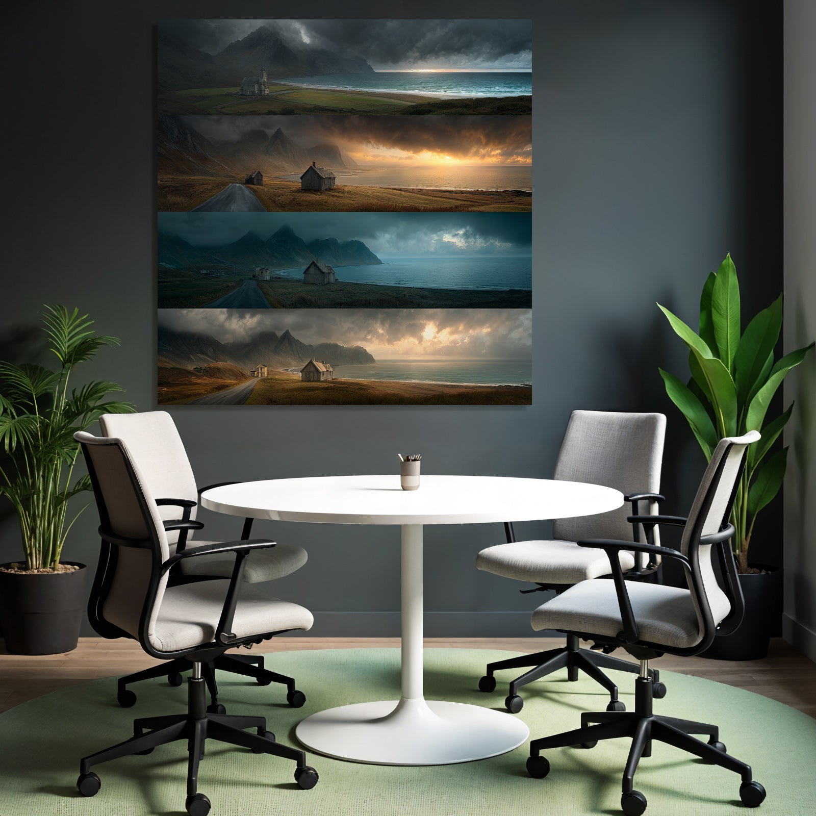Kustlandschaft Mit Bergen Und Holzgebauden Gefassung Des Himmels