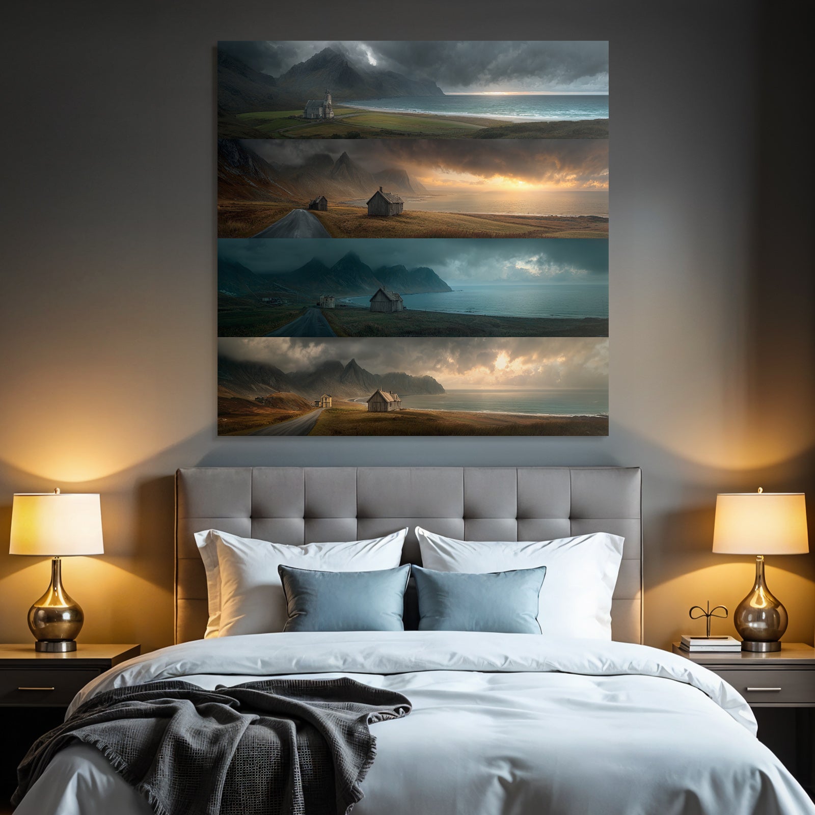 Kustlandschaft Mit Bergen Und Holzgebauden Gefassung Des Himmels