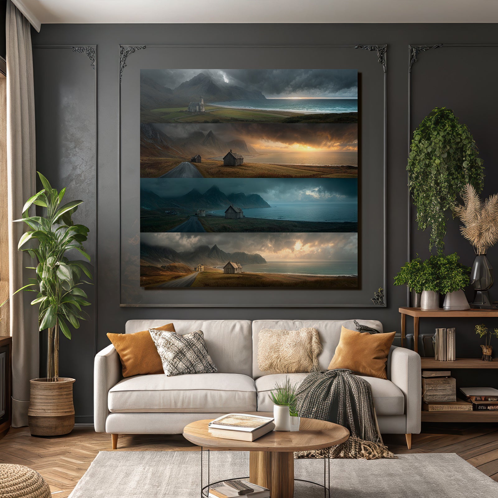 Kustlandschaft Mit Bergen Und Holzgebauden Gefassung Des Himmels