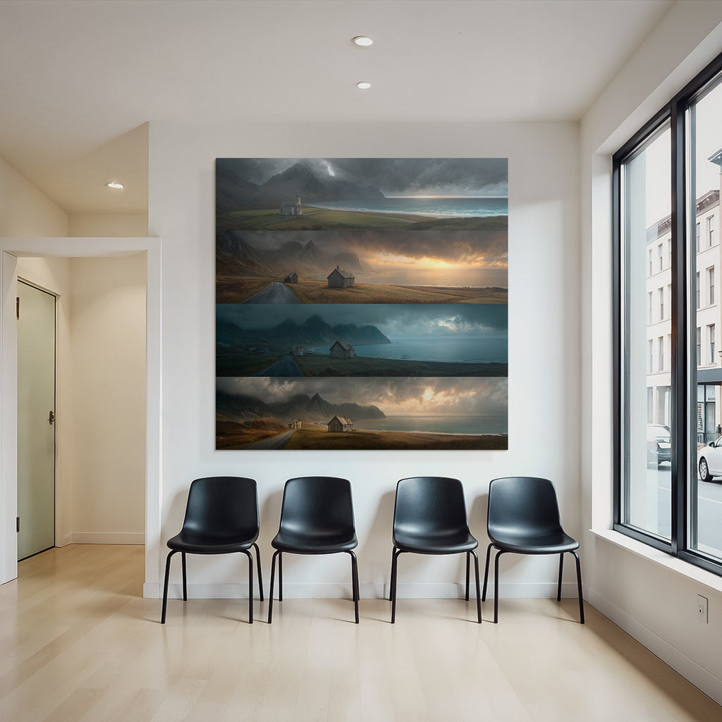 Kustlandschaft Mit Bergen Und Holzgebauden Gefassung Des Himmels