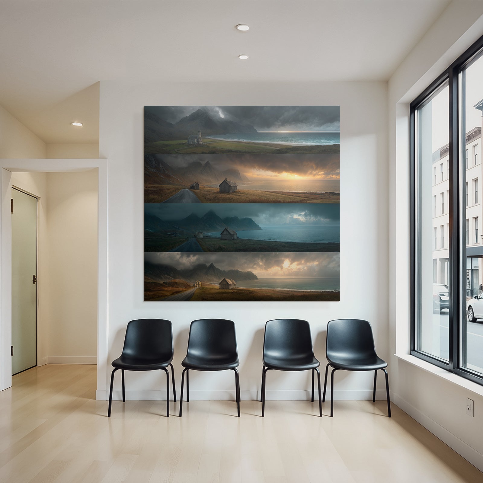 Kustlandschaft Mit Bergen Und Holzgebauden Gefassung Des Himmels