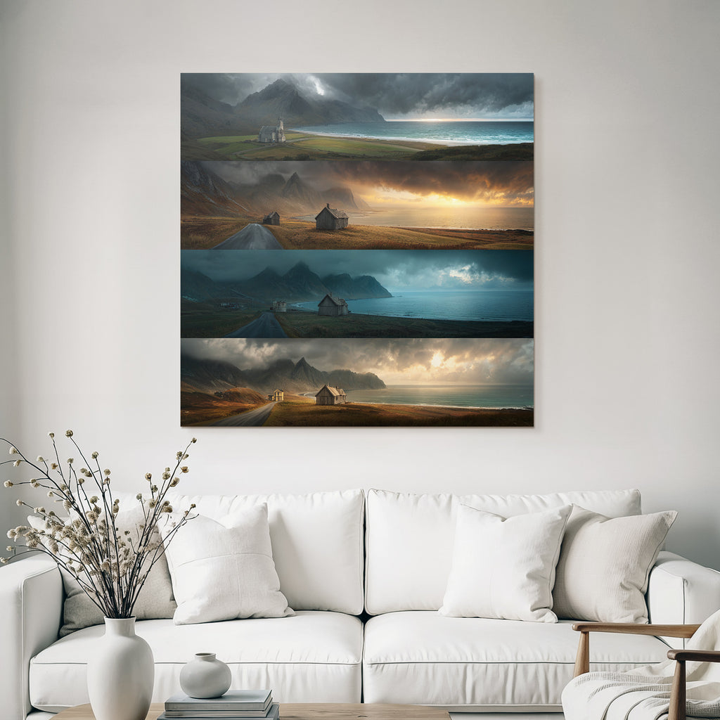 Kustlandschaft Mit Bergen Und Holzgebauden Gefassung Des Himmels