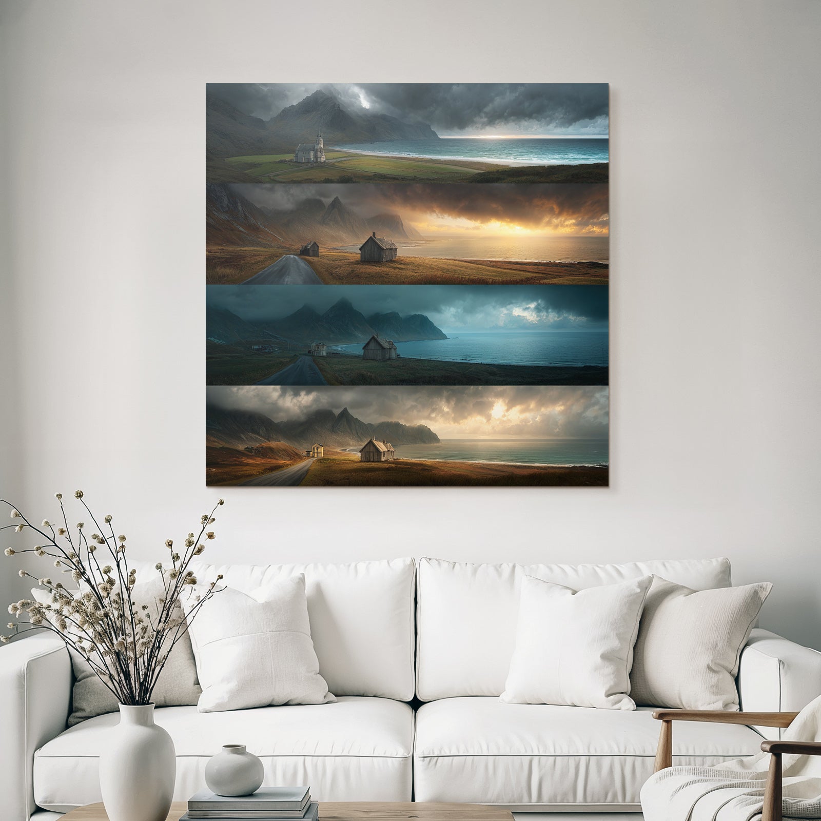 Kustlandschaft Mit Bergen Und Holzgebauden Gefassung Des Himmels