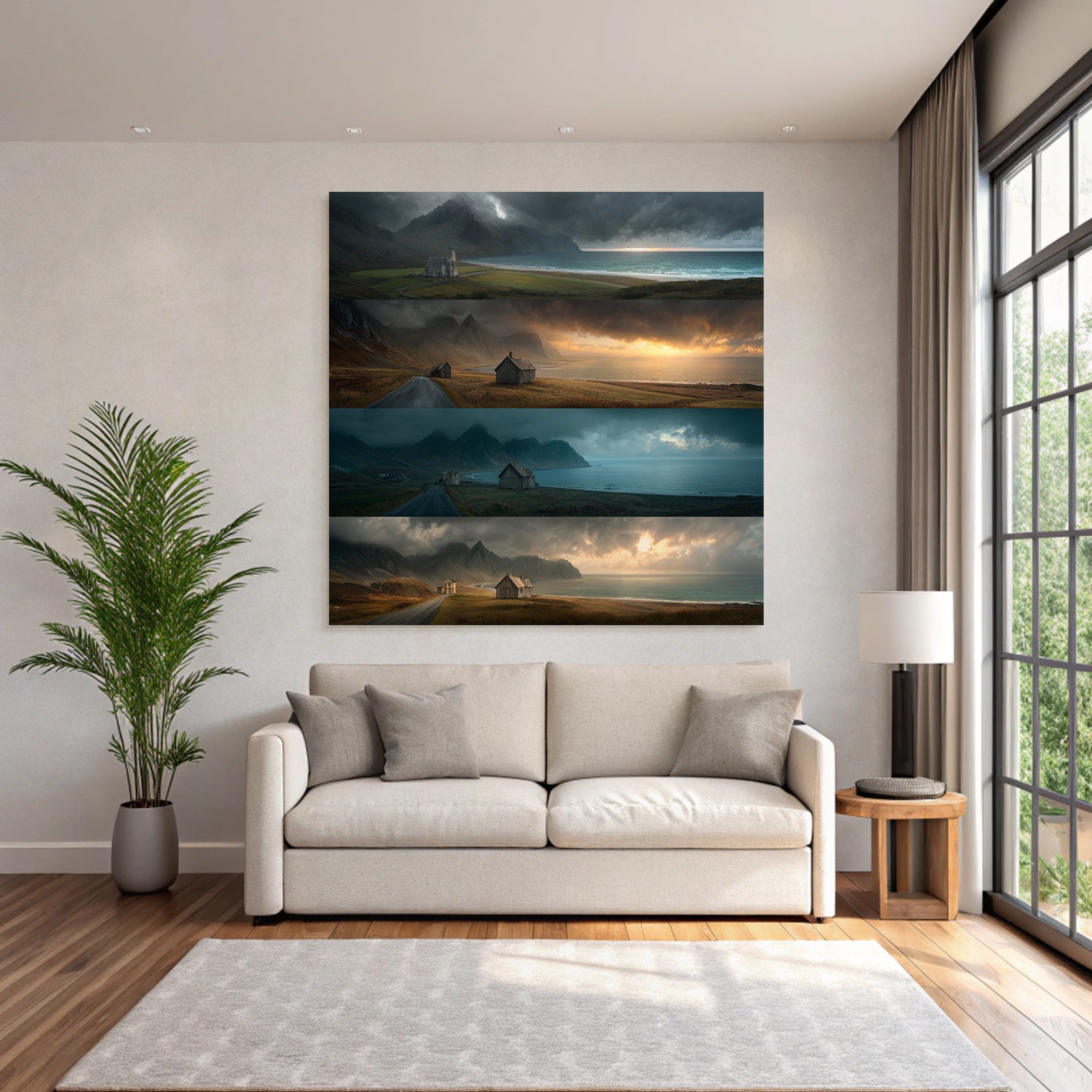 Kustlandschaft Mit Bergen Und Holzgebauden Gefassung Des Himmels