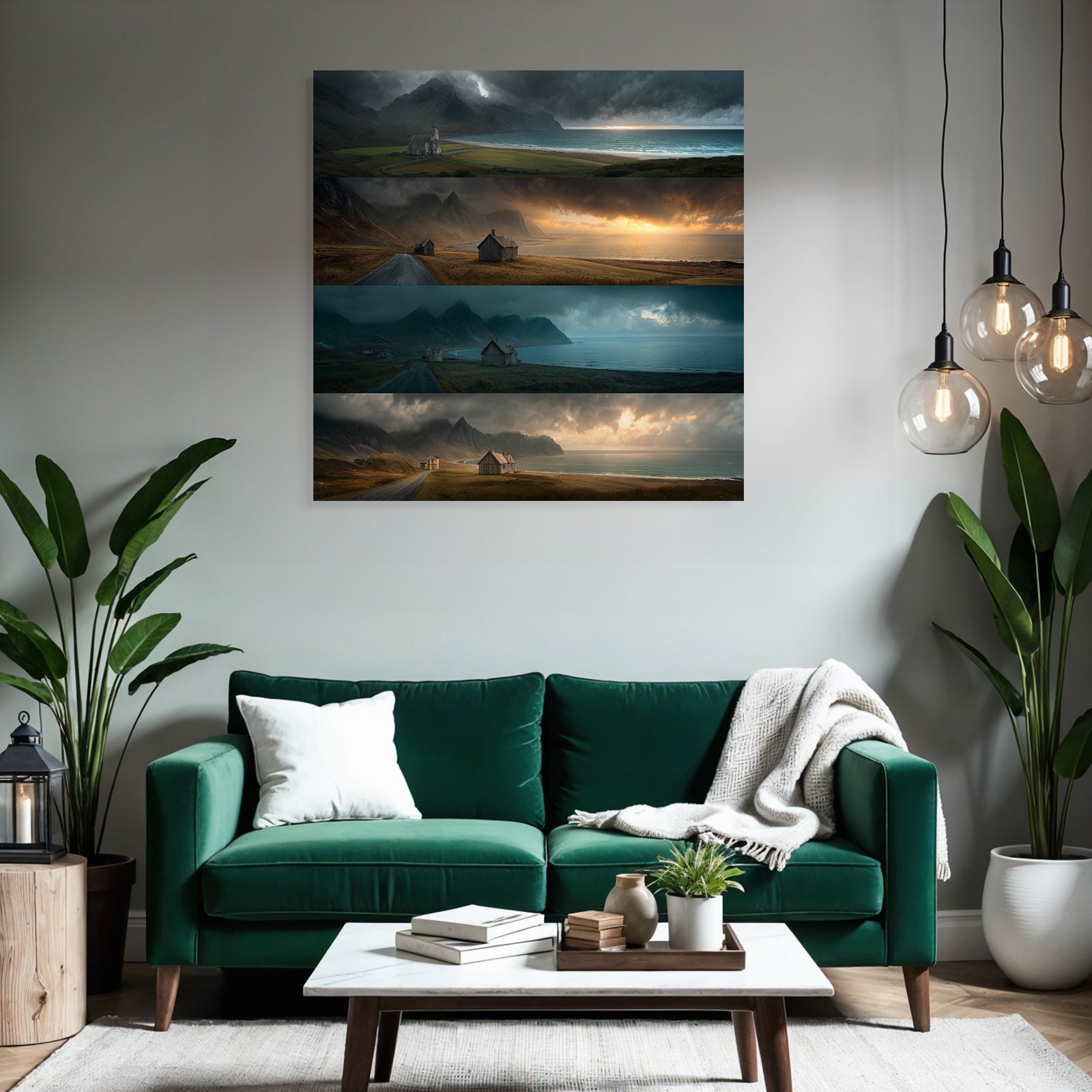 Kustlandschaft Mit Bergen Und Holzgebauden Gefassung Des Himmels