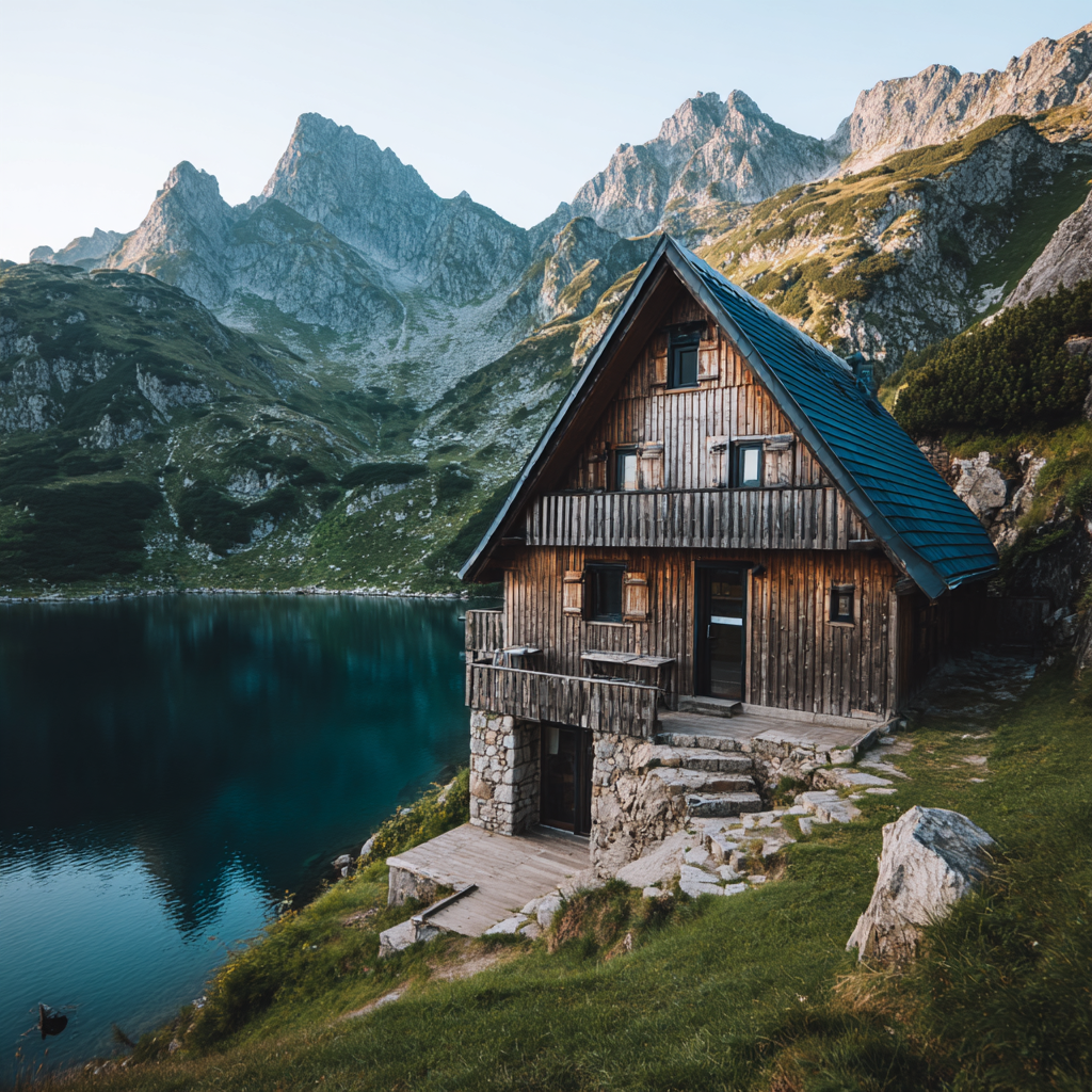 Malerische Holzhütte Neben Seinem Ruhigen Wasser Kabiner Im Gebirge | Reisen und Outdoor | Themen und Hobbys