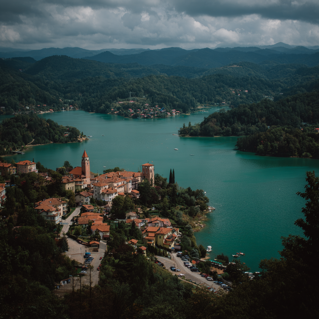 Malerische Landschaft Mit Bank Und Hausern Und Lake Türkis | Reisen und Outdoor | Themen und Hobbys