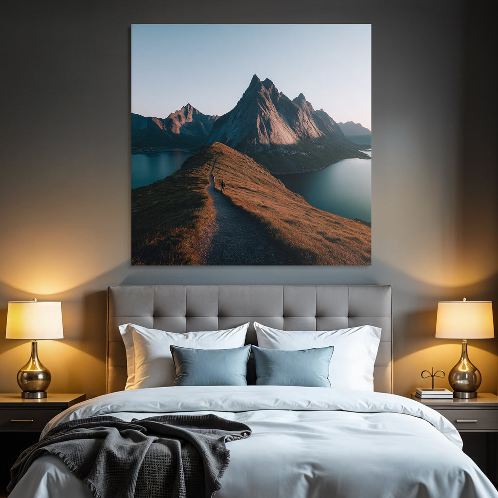 Rugged Mountains With Hiking Trails And Body Of Water Dawn Or Dusk
